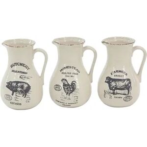 Stella & Eve Farmhouse Ceramic Pitcher Vases With Barn Animal Prints 3-pc. Set, White, Medium