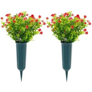 Bright Creations Red Artificial Flowers for Cemetery with 2 Cone Vases, Small Bouquets for Grave Decorations (8.6 x 13 Inches, 6 Bundles), Brt Red