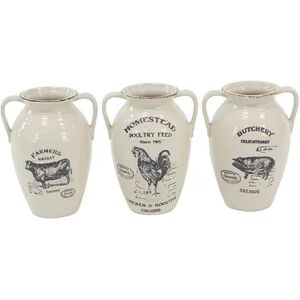 Stella & Eve Farmhouse Ceramic Amphora Vases With Barn Animal Prints 3-pc. Set, White, Medium