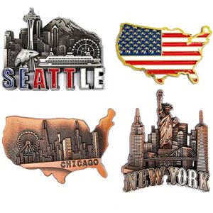 Juvale American Magnets for Fridge - Pack of 4 - New York, Chicago, Seattle, US Flag, Beige Over