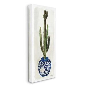 Stupell Home Decor Cactus in Blue Ornate Vase Succulent Still Life Wall Art, Green, 13X30