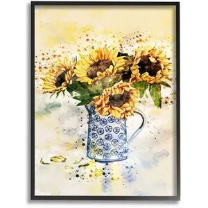 Stupell Home Decor Sunflower Assortment in Blue Patterned Pitcher Framed Wall Art, Multicolor, 24X30