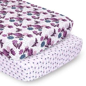 The Peanutshell PS by The Peanutshell 2 Pack Floral Butterflies Fitted Crib Sheets, Purple