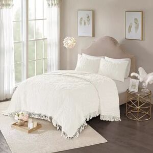 Madison Park 3-piece Virginia Cotton Chenille Medallion Fringe Coverlet Set, White, Twin