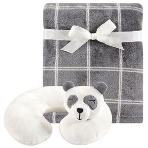 Hudson Baby Infant Neck Pillow and Plush Blanket Set, Panda, One Size, Grey