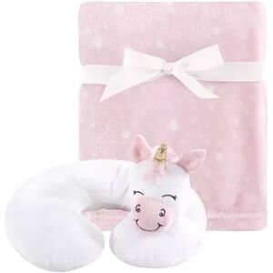 Hudson Baby Infant Girl Neck Pillow and Plush Blanket Set, Pink Unicorn, One Size, Med Pink