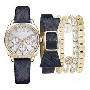 Jessica Carlyle Women's Navy Strap Chronograph Watch & Navy & Gold Tone Bracelet Set, Size: Medium, Blue