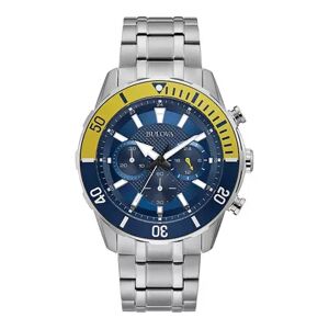 Bulova Men's Stainless Steel Chronograph Watch with Blue Dial - 98A245, Size: Large, Silver