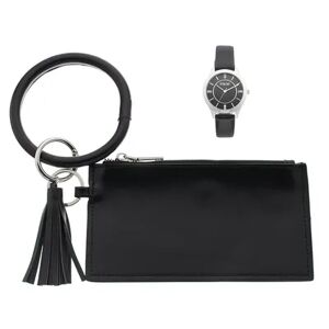 Folio Women's Black Faux Leather Strap Watch & Pouch Set, Size: Medium