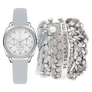 Jessica Carlyle Women's Gray Strap Chronograph Watch & Silver Tone Chain Bracelet Set, Size: Medium, Grey