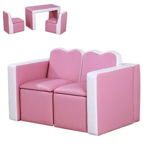 Qaba Kids Sofa Set 2 in 1 Multi Functional Toddler Table Chair Set 2 Seat Couch Storage Box Soft Sturdy Pink