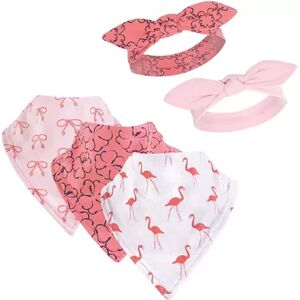 Yoga Sprout Baby Girl Cotton Bandana Bibs and Headbands 5pk, Flamingo, One Size, Med Pink