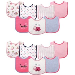 Luvable Friends Infant Girl Cotton Terry Drooler Bibs with PEVA Back, Ladybug 14-Piece, Med Pink