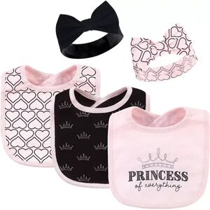 Hudson Baby Infant Girl Cotton Bib and Headband Set 5pk, Princess, One Size, Med Pink