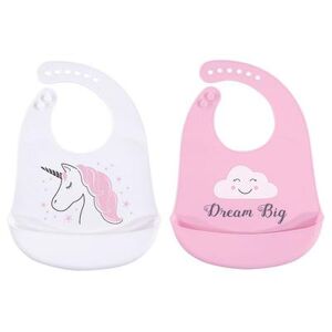 Hudson Baby Infant Girl Silicone Bibs 2pk, Unicorn, One Size, Med Pink