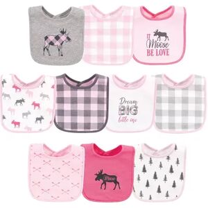 Hudson Baby Infant Girl Cotton Bibs, Pink Plaid Moose, One Size, Med Pink