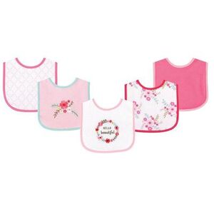 Luvable Friends Baby Girl Cotton Terry Drooler Bibs with PEVA Back 5pk, Floral, One Size, Med Pink