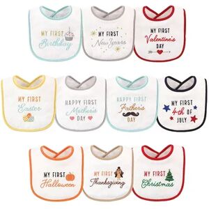 Hudson Baby Infant Cotton Terry Drooler Bibs with Fiber Filling 10pk, Holiday Birthday, One Size, White