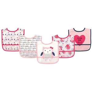 Hudson Baby Infant Girl Waterproof PEVA Bibs 5pk, Owl, One Size, Med Pink