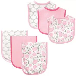 Hudson Baby Infant Girl Cotton Bib and Burp Cloth Set 6pk, Flower, One Size, Med Pink