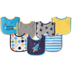 Luvable Friends Baby Boy Cotton Terry Drooler Bibs with PEVA Back 7pk, Blue Rocket, One Size, Brt Blue