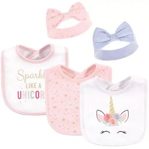 Little Treasure Baby Girl Cotton Bib and Headband Set 5pk, Unicorn, One Size, Med Pink
