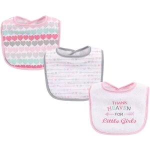 Luvable Friends Baby Girl Cotton Drooler Bibs with Fiber Filling 3pk, Girl Thank Heaven, One Size, Med Pink