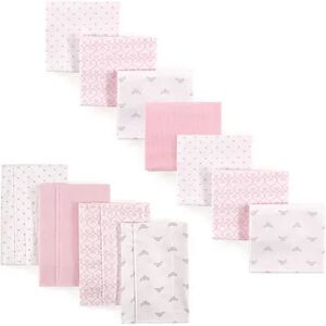 Luvable Friends Infant Girl Cotton Flannel Burp Cloths and Receiving Blankets, 11-Piece, Tiara, One Size, Med Pink