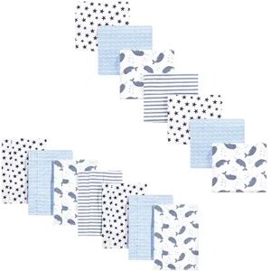 Hudson Baby Infant Boy Cotton Flannel Burp Cloths and Receiving Blankets, 14-Piece, Narwhal, One Size, Brt Blue