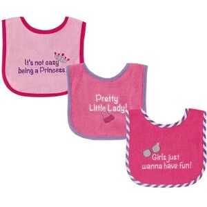 Luvable Friends Baby Girl Cotton Terry Drooler Bibs with PEVA Back 3pk, Pretty, One Size, Med Pink