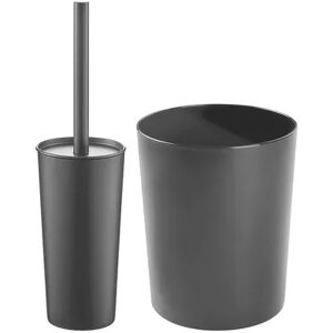 mDesign Steel/Plastic Toilet Bowl Brush 1.7 Gal Trash Can Combo - Black Marble, Grey