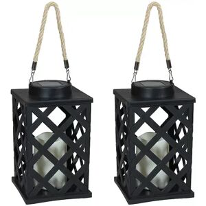 SUNNYDAZE DECOR Sunnydaze Modern Crosshatch Outdoor Solar Lantern - 9 in - Black - Set of 2, Grey