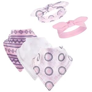 Yoga Sprout Baby Girl Cotton Bandana Bibs and Headbands 5pk, Ornamental, One Size, Med Pink