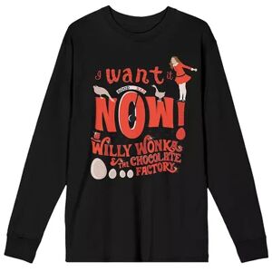 Licensed Character Men's Willy Wonka Want It Now Long Sleeve Tee, Size: Medium, Black