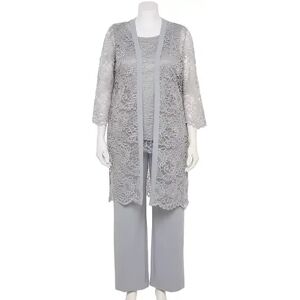 Women's Maya Brooke 3-Piece Floral Lace Duster Top & Pant Set, Size: 12, Silver