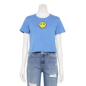 Unbranded Juniors' Smiley Face Cropped Embroidered Tee, Girl's, Size: Small, Light Blue