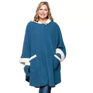 Women's Le Moda Hooded Knit Fleece Wrap with Cream Sherpa Trim and Matching Gloves, Blue
