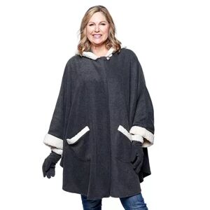 Le Moda Women's Le Moda Hooded Knit Fleece Wrap with Cream Sherpa Trim and Matching Gloves, Dark Grey
