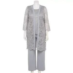 Women's Maya Brooke 3-Piece Floral Lace Duster Top & Pant Set, Size: 14, Silver