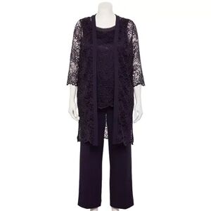 Women's Maya Brooke 3-Piece Floral Lace Duster Top & Pant Set, Size: 8, Purple