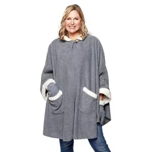 Women's Le Moda Hooded Knit Fleece Wrap with Cream Sherpa Trim and Matching Gloves, Grey