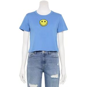 Unbranded Juniors' Smiley Face Cropped Embroidered Tee, Girl's, Size: XL, Light Blue