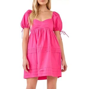 English Factory Pleated Detail Puff Sleeve Mini Dress, Women's, Size: Large, Pink