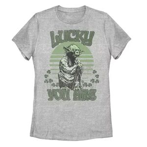 Licensed Character Juniors' Star Wars Yoda Lucky You Are Retro St. Paddy's Day Tee, Girl's, Size: XL, Grey