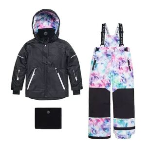 Deux par Deux Two Piece Technical Snowsuit Black And Printed Tie Dye, Girl's, Size: 10, Grey