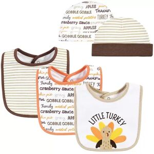 Hudson Baby Unisex Baby Cotton Bib and Headband or Caps Set, Little Turkey, One Size, Drk Orange