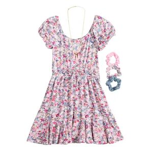 Three Pink Hearts Girls 7-16 Three Pink Hearts Puff Sleeve Floral Dress, Necklace, & Scrunchies Set in Regular & Plus, Girl's, Size: Small, Light Blue
