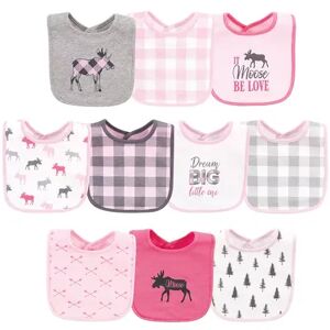 Hudson Baby Infant Girl Cotton Bibs, Pink Plaid Moose, One Size, Med Pink