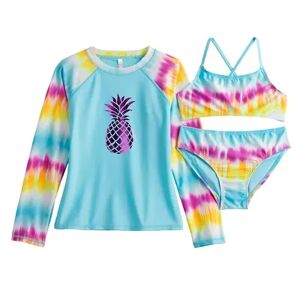 Girls 4-16 SO Tie Dye Foil Pineapple Bikini Top, Bottoms, & Rash Guard Swimsuit Set, Girl's, Size: 12, Multi