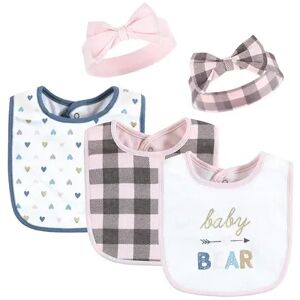 Hudson Baby Infant Girl Cotton Bib and Headband or Caps Set, Girl Baby Bear, One Size, Med Pink